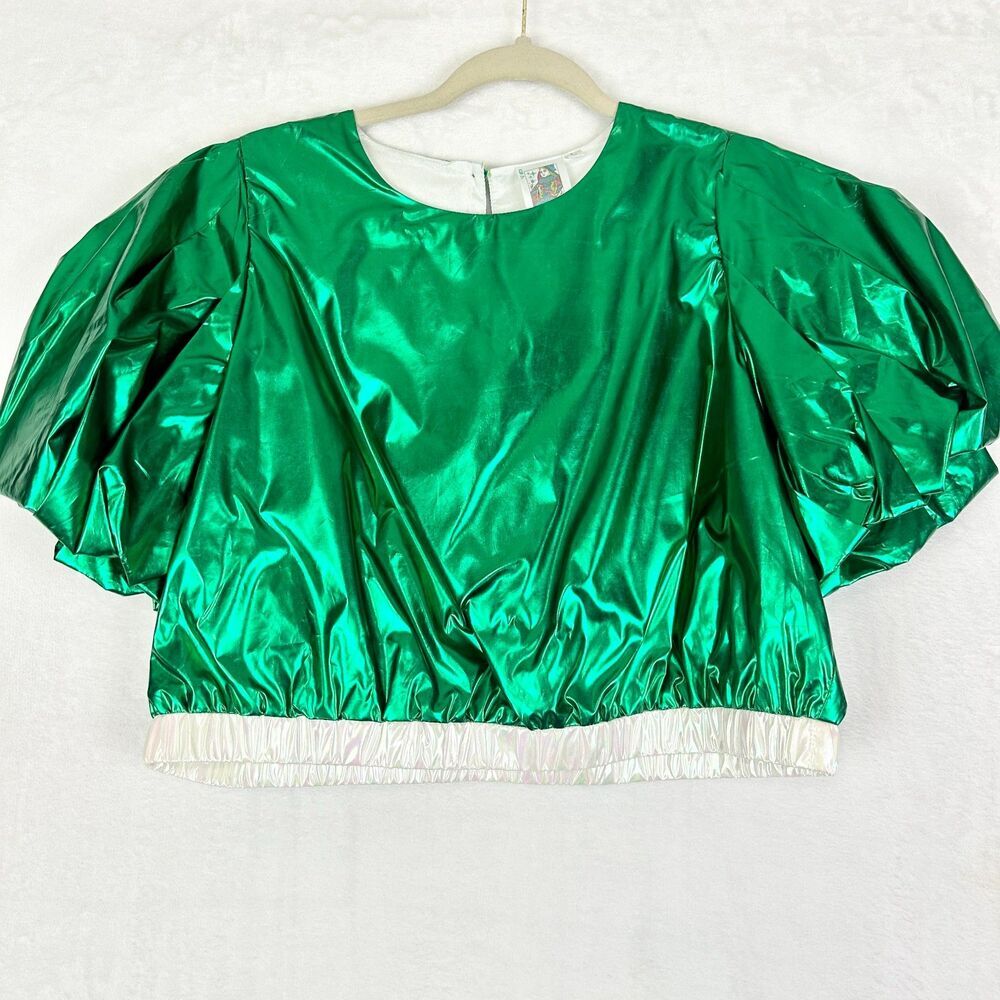 Queen of Sparkles Metallic Iridescent Puff Sleeve Crop Top Size Large Green NWOT